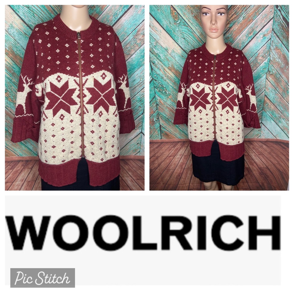 Vintage Woolrich Merino Wool & Cotton Blend Snowflake Reindeer Cardigan Sweater